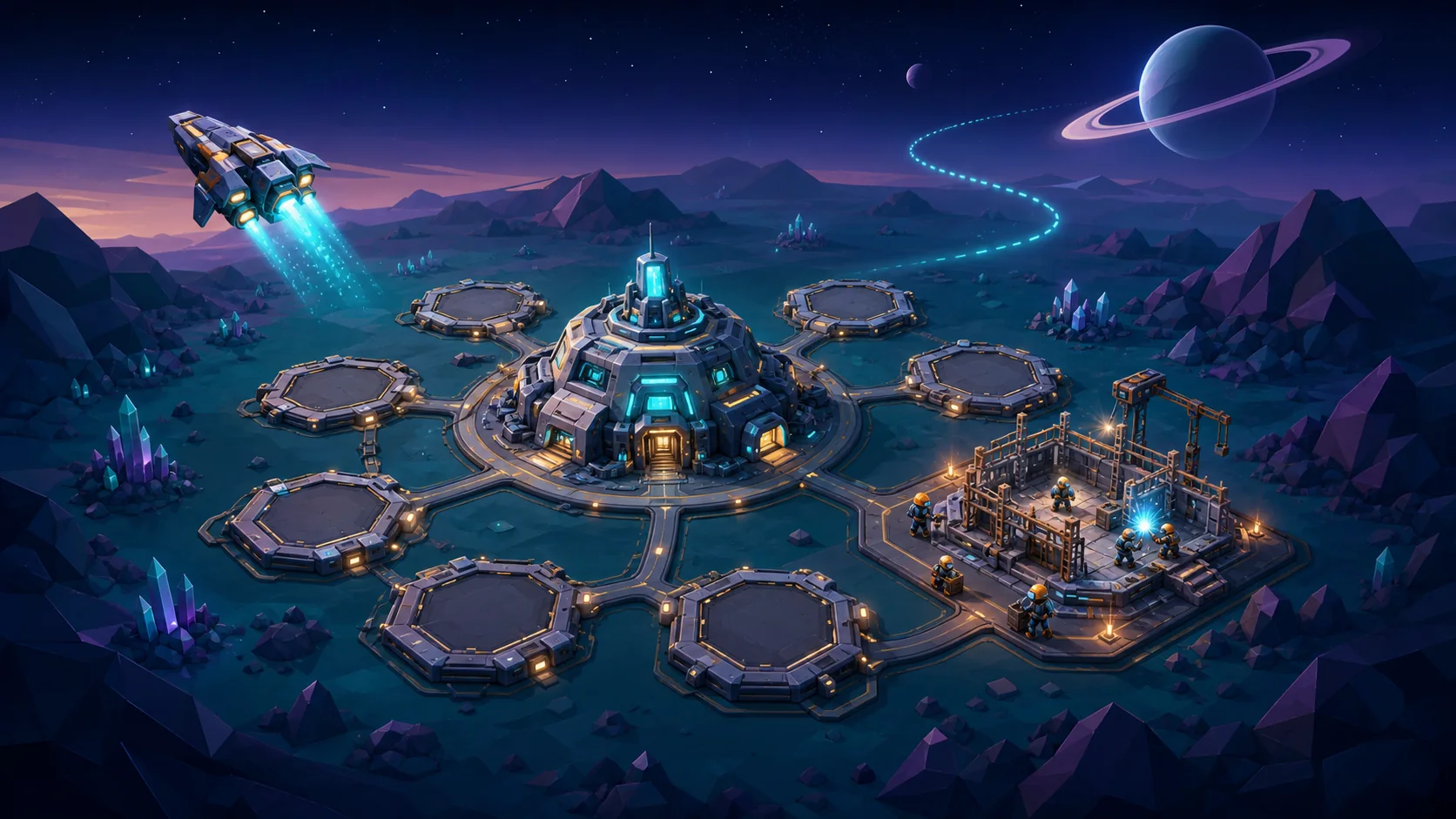 Concept art of Commander Lyra Outpost built around a glowing central hub on an alien world.