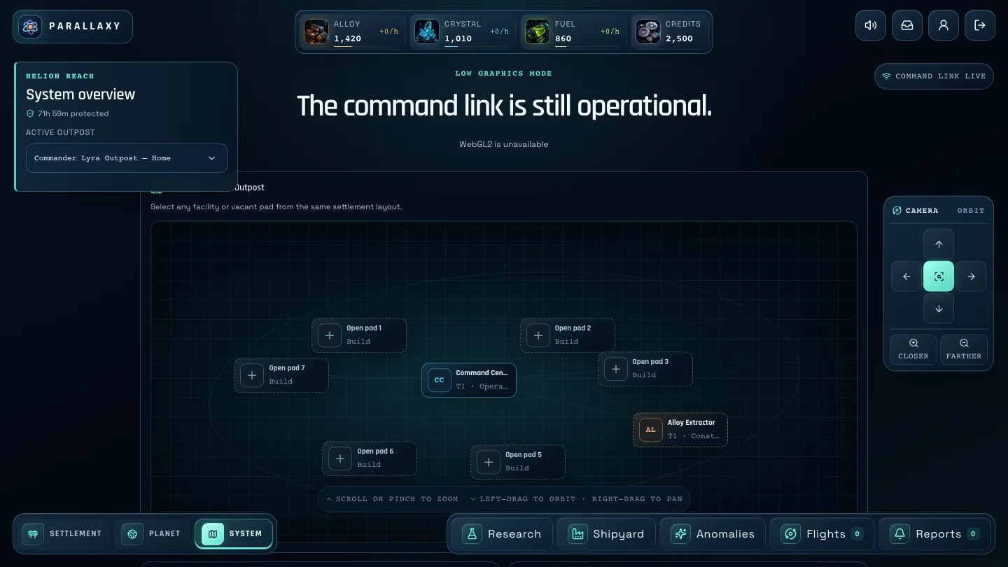 Low-graphics view of Commander Lyra Outpost showing its Command Center, a Tier I Alloy Extractor under construction, and six open build pads.